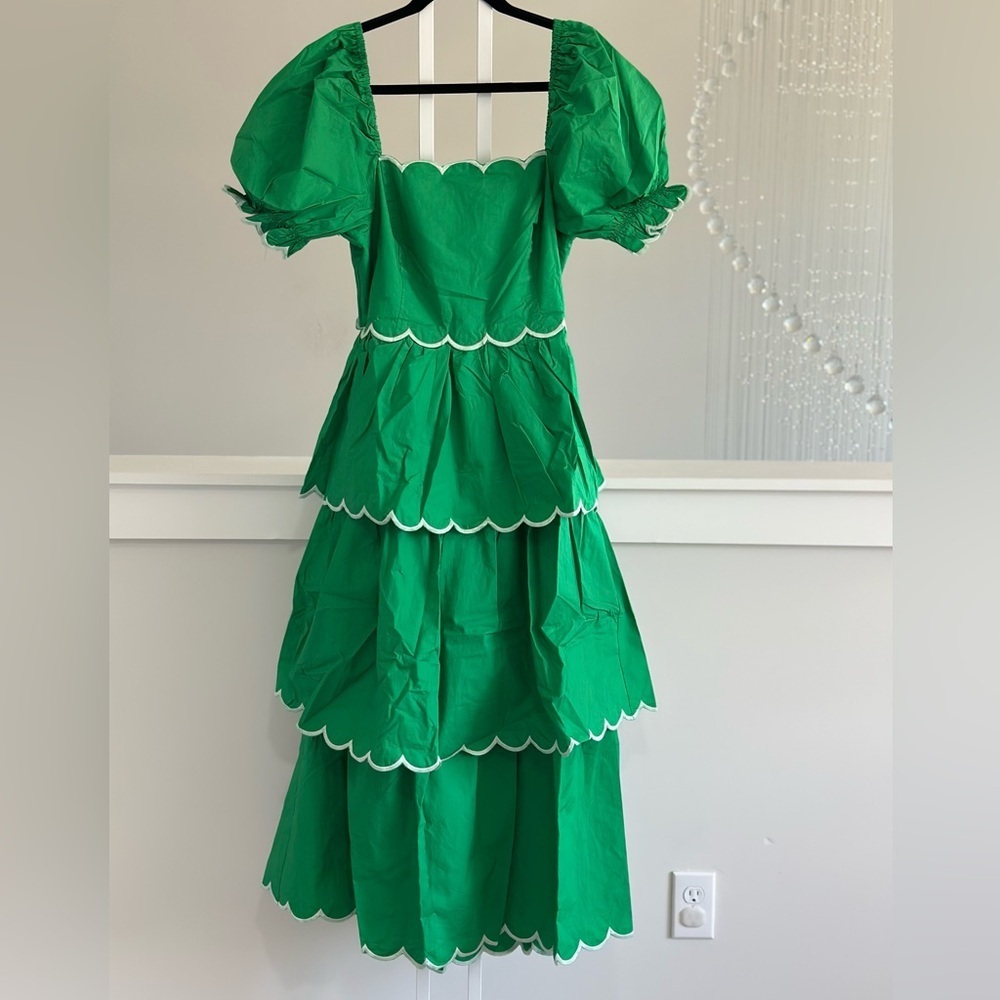Anthropologie English Factory Green Tiered Dress with Scalloped Edges - Picture 3 of 8